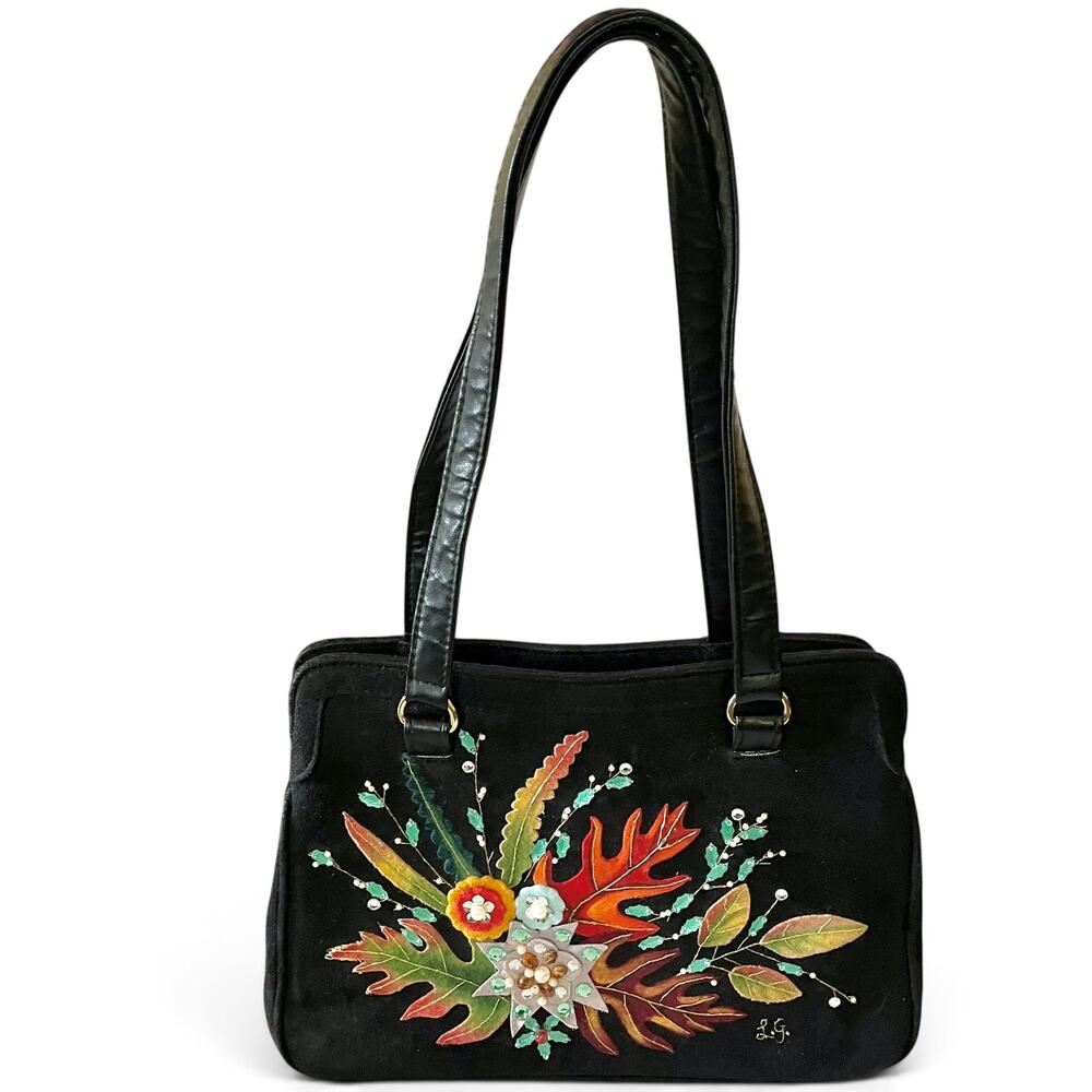 Lulu Guinness Beaded Leaf Appliqué Embroidered Black Suede Frame Top Handle Bag